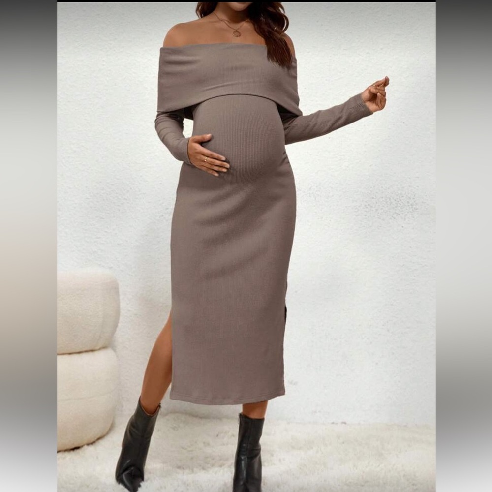 Maternity Ribbed Brush Knit Off-Shoulder Dress in Beige Taupe Women’s Large